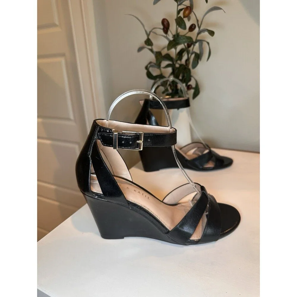 Kelly & Katie Black Ankle Strap Wedge Sandals Heels Womens Size 7M Summer Casual